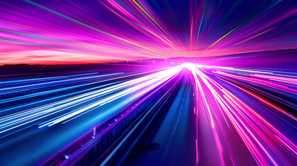 Cars on a neon-lit highway, creating a futuristic light show with streaks of color.