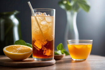 Fototapeta premium Advertising image, glass with cold coffee on the table, bumble coffee with orange. Delicious cold drinks with straws, citruses.