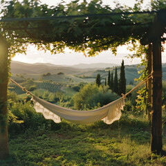 Gazebo in the garden, Italy, Tuscany. View from the hill to the vineyards in the valley.