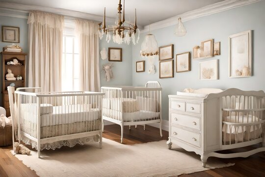 A vintage-inspired baby room with lace curtains, antique furniture, and a classic crib. Timeless charm meets comfort for the newest family member