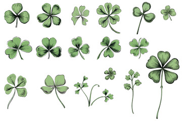 Various illustrations of clovers and shamrocks with different shapes and sizes - obrazy, fototapety, plakaty