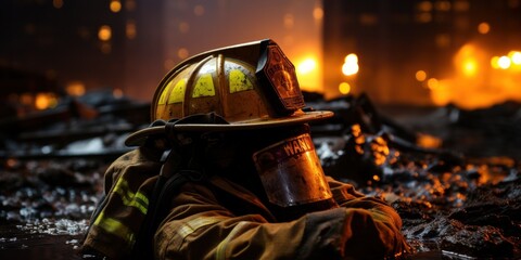 A fireman's clothes are lying on the ground, a fire is raging in the background - obrazy, fototapety, plakaty