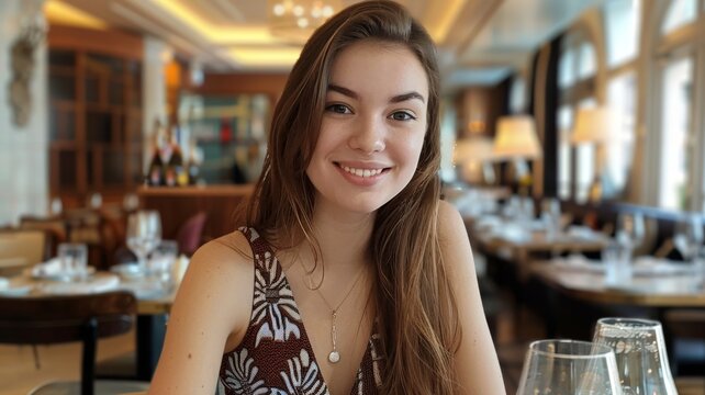 Smiling woman looking camera romantic dinner date in fancy restaurant. Attractive girl sit cafe table. Young lady wearing beautiful dress in night bar. Fine dining concept. Valentine's Day celebration