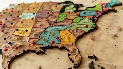 Explore the charm of wooden wall decoration: usa states map with vibrant pins - perfect for interior design, educational materials, and travel blogs
