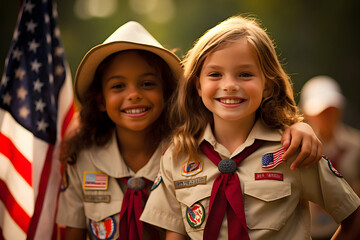 Happy Scout Day Festival Day. Two student girls celebrate Boy Scout Day at a children's camp. - obrazy, fototapety, plakaty