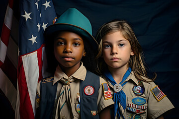Happy Scout Day Festival Day. A boy and a girl Student celebrate Boy Scout and Girl Scout Day. - obrazy, fototapety, plakaty