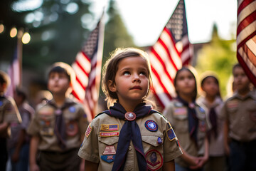 Children in scout uniform are waiting for the start of the festive day of boy scouts and girl scouts.