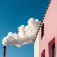 Cloud of smoke coming out of a pipe on a pink and white building