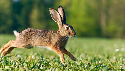 Brown hare, lepus europaeus, jumping in grass in springtime sunlight. Wild rabbit running on sunlit meadow. Bunny moving on long field in spring. - obrazy, fototapety, plakaty