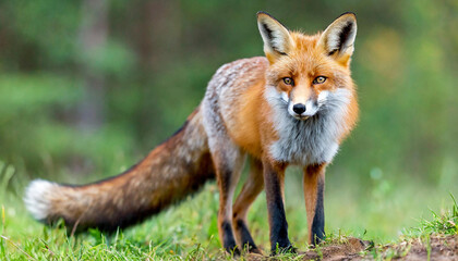 Naklejka na ściany i meble Beautiful red fox, vulpes vulpes, with fluffy tail standing and facing camera