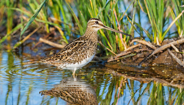 Common snipe sitting on a riverbank with reflection in water. Migratory bird with brown feathers in shallow water of marsh with copy space. Animal wildlife in autumn nature.