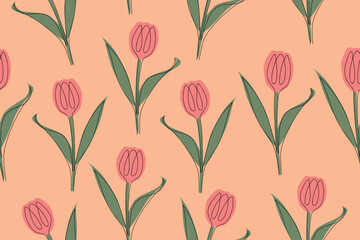 Seamless pattern of tulips on a pink background. Hand drawn, spring flowers for fabric, prints, decorations, invitation cards. Vector 