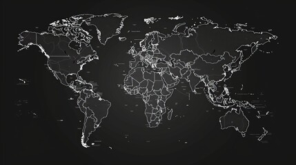   High detail vector world map with thin white outlines: minimalistic country borders on black background - perfect for graphic design, presentations, and educational materials