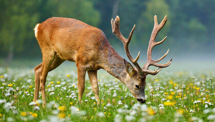 Roe deer, capreolus capreolus, buck grazing on blooming flowerers on a meadow with mist in background. Animal wildlife in unspoiled nature. Wild mammal with antlers feeding on a glade. - obrazy, fototapety, plakaty