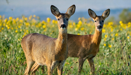 Roe deer, capreolus capreouls, couple int rutting season staring on a field with yellow wildflowers. Two wild animals standing close together. Love concept