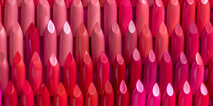 wallpaper of rows of standing matte lipstick bullets in nude red and pink shades, fresh brand new lipsticks