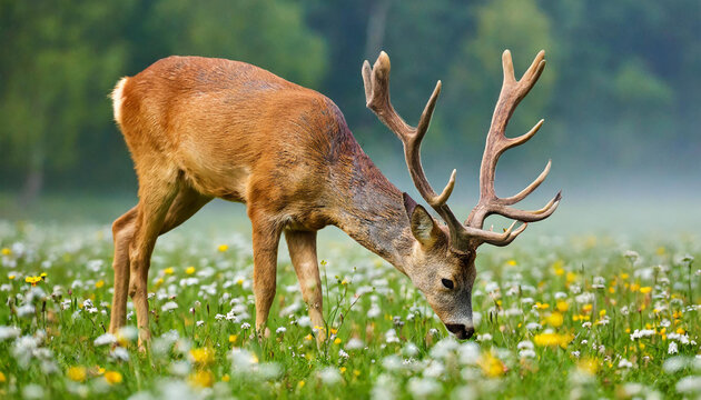 Roe deer, capreolus capreolus, buck grazing on blooming flowerers on a meadow with mist in background. Animal wildlife in unspoiled nature. Wild mammal with antlers feeding on a glade.