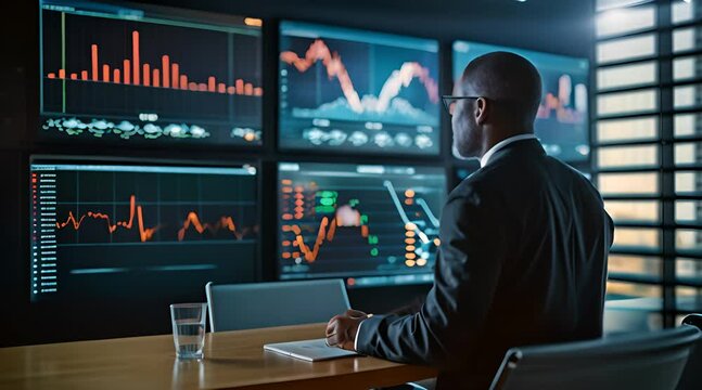A businessman analyst scrutinizes digital financial data graphs, employing advanced technology to make insightful investment decisions