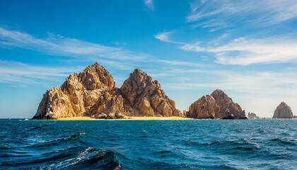 View across the bay to the cape of the bay of Sea of Cortez in Los Cabos, Cabo San Lucas, Mexico