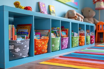A childs playroom filled with colorful storage bins, offering a lively and organized space for toys and activities