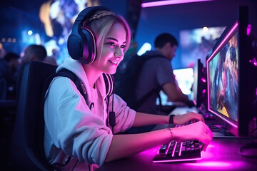 Fototapeta premium Girl gamer in headphones plays video games on PC