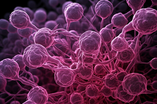 Bright Purple Bokeh Illuminating 3D Rendered Blood Cells and Bacteria Microscopic Illustration with Shiny Blue Glow and Bubble Pattern Texture