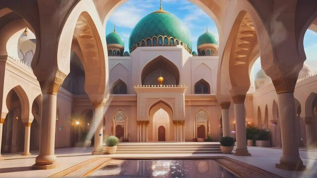 background for Ramadan or Eid al-Fitr, atmosphere in the courtyard of a magnificent mosque, seamless looping 4k time-lapse animation video background