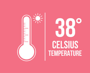 38° Celsius temperature. Vector 38 degrees, hot weather concept. Thermometer measuring thermal sensation
