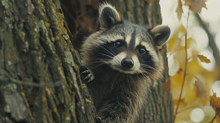 raccoon on a fence - obrazy, fototapety, plakaty