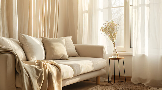Cozy living room bathed in warm natural light, featuring a linen-covered sofa in pastel neutral colors next to a window with flowing curtains.