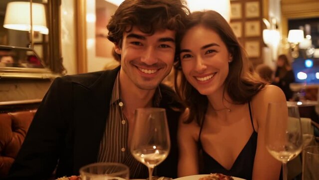 Smiling couple looking camera romantic dinner date in fancy restaurant. Happy Attractive friends sit cafe table. Beautiful Lovely pair in night bar. Fine dining concept. Valentine's Day celebration.