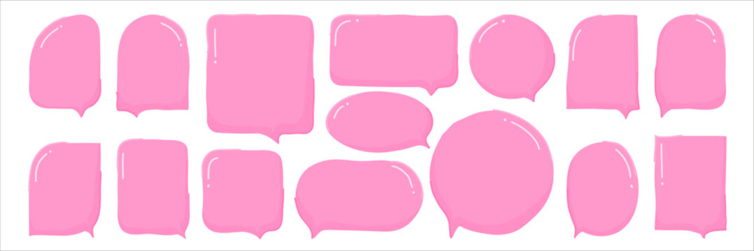 Collection of text bubbles. The dialog boxes are pink like gum. The textbox for quotes is hand drawn. Suitable for mobile app, websites, notes, graphic design
