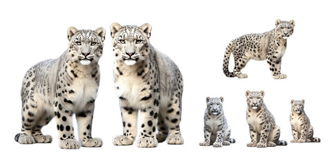 Collection of snow leopard isolated on a white background as transparent PNG