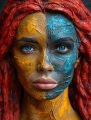 A woman with blue and yellow paint on her face, showcasing artistic expression and creativity