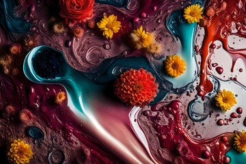 An aesthetically pleasing HD image portraying the graceful interaction of colorful liquids against a contemporary background, accentuated by subtle and tasteful flower patterns