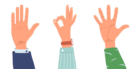 Set of human hands showing hi, stop, ok symbols. Collection of cartoon hands to decorate retro designs. Flat doodle style. Vector illustration.