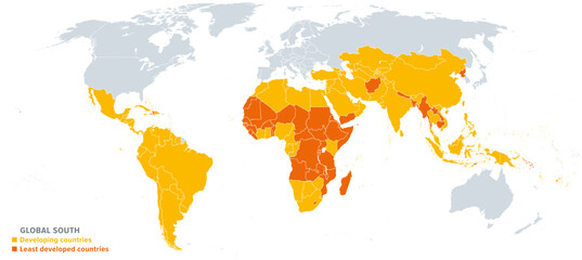 The Global South, political world map, showing developing countries or territories highlighted in yellow, least developed countries in orange, and the Global North in gray color. Illustration. Vector.