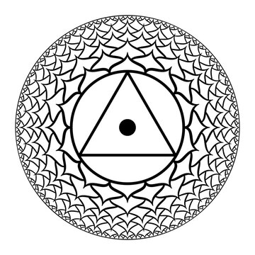 Sahasrara, the thousand-petalled crown chakra. Seventh chakra, located on the top of the head. Highest spiritual centre, and pure consciousness. A lotus with 1000 petals, and a bindu in the center.
