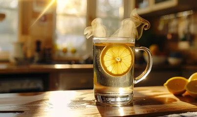 Fototapeten glass of warm water with sliced of lemon inside on the table © Kanokwan