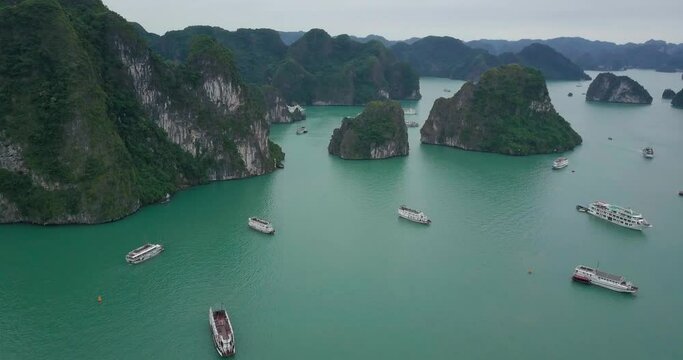 Vietnam travel destination. Tour tourism exploring. Beautiful landscape Halong Bay view from adove the Bo Hon Island. Halong Bay is the UNESCO World Heritage Site, beautiful natural, northern Vietnam