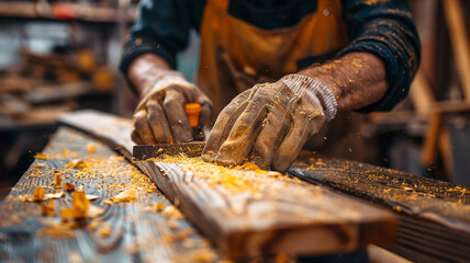 close up on carpenter hands working in workshop