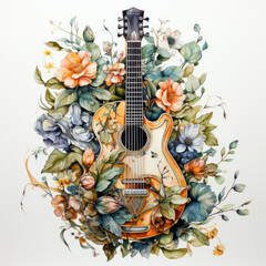 watercolor guitar floral musical instrument clipart, Generative Ai