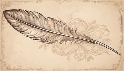Beige parchment with a drawing of a bird feather in the background. Vintage style. Grunge floral ornament, decorative wallpaper.