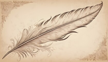 Beige parchment with a drawing of a bird feather in the background. Vintage style. Grunge floral ornament, decorative wallpaper.