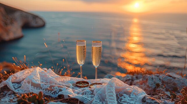 A sunrise elopement theme with a pair of champagne glasses, a simple gold compass and a white lace shawl laid out on a cliff overlooking the sea.
