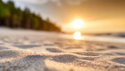 Golden sunset on a beach. Waves gently crash on the sandy shore, with a forest silhouette in the backdrop, ideal for travel or nature themes.