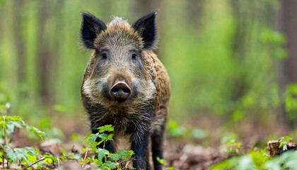 Front view of wild boar, sus scrofa, standing partially hidden in tall vegetation in spring forest. Wild animal in nature facing camera with copy space