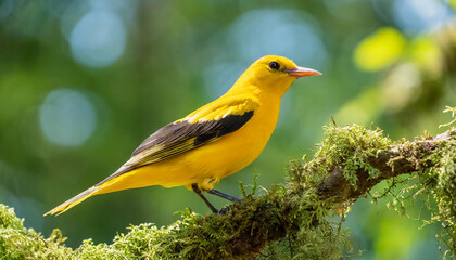 Male adult golden oriole, oriolus oriolus, on a moss covered twig in summer with blurred green background. Vibrant yellow bird sitting in treetop in nature