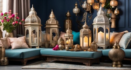 Obraz premium Showcase the elegance of Ramadan home decor in a living space, with ultra-realistic details in capturing the ornate lanterns, plush cushions, and carefully arranged floral arrangements -Ai Generative