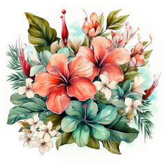 Fototapeta premium watercolor painting of a tropical frame with flower clipart, Generative Ai